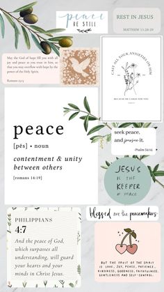 the words and symbols for peace are shown in this graphic style, which includes olives,