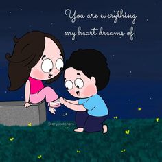 a boy and girl are touching each other in front of a night sky with the words, you are everything my heart dreams of