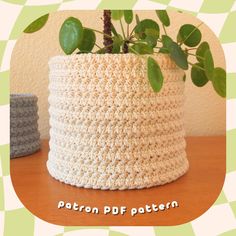 a crocheted pot with a plant in it sitting on a table next to another pot