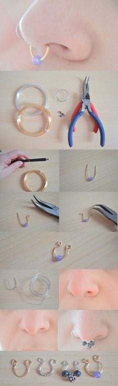 several images of different types of jewelry being made with scissors and pliers on a table