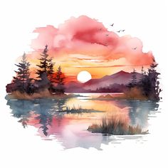 a watercolor painting with trees and mountains in the background, as well as an orange sunset