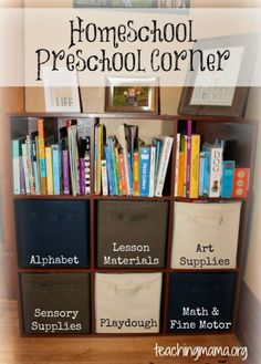 a bookshelf filled with lots of books on top of a wooden floor