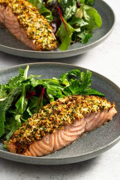 two plates filled with salmon and greens on top of a white countertop next to each other