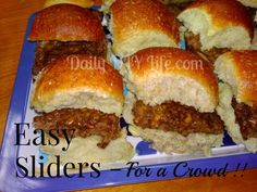 several sloppy joe sliders on a plate with the words easy sliders for a crowd