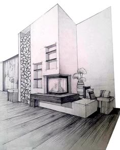 a drawing of a living room with couches and a tv on top of a stand