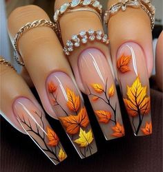 Autumn Leaf Nails, Cute November Nails, November Nails Fall, Leaf Nails, Autumn Nail Art, Nails November, Thanksgiving Nail Designs, Thanksgiving Nail Art, Autumn Nail