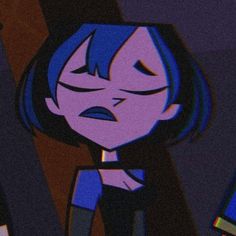 an animated image of a woman with blue hair and eyes closed, holding her head in her hands