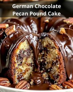 german chocolate pecan pound cake on a white plate with pecans around the edges