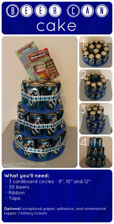 an advertisement for beer cake with instructions on how to make it in the shape of a tower