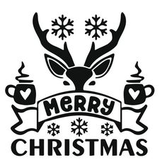 merry christmas with deer head and coffee mugs