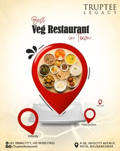 an advertisement for a restaurant with a heart shaped map pin on the top of it