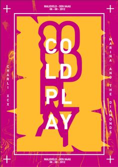 a poster with the words cold play in white and pink on yellow, against a purple background