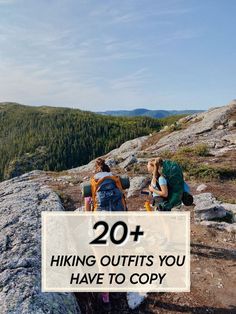 two hikers on top of a mountain with text overlay reading 20 hiking outfits you have to copy