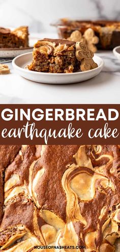 gingerbread earthwake cake with peanut butter swirl on top and the words gingerbread earthwake cake above it