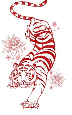 a drawing of a tiger in red and white stripes on a white background with flowers