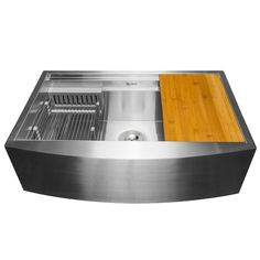 a stainless steel sink with wooden counter top