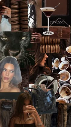 a collage of photos with coffee, cookies and a woman wearing a veil in front of a black cat