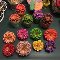 there are many different flowers in small pots on the table together, and one is made out of clay