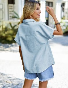 Women's Cotton Linen Shirts V-Neck Front Pocket Short Sleeve Loose Blouse Shirt Casual Solid Color V-neck Top For Summer, V-neck Tops With Pockets For Vacation, Cotton V-neck Shirt In Solid Color, Summer V-neck Shirt With Pockets, V-neck Top With Pockets For Day Out, Solid Color V-neck Blouse For Vacation, Cotton V-neck Blouse With Pockets, Vacation V-neck Blouse With Pockets, Cotton Vacation Blouse With Collar