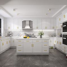 a large kitchen with white cabinets and yellow trim on the doors is pictured in this image