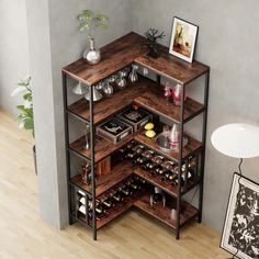 a wine rack with many bottles and glasses