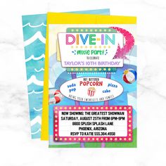 a birthday card with the words dive n movie party and an image of a popcorn sign