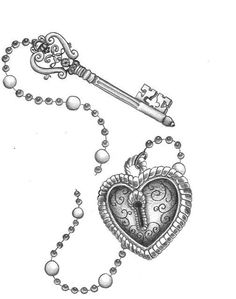 a drawing of a heart with a key attached to it and beads around the neck