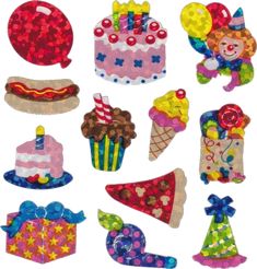 many different types of birthday decorations on a white background