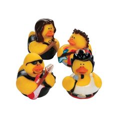 three rubber ducks sitting on top of each other with instruments in their beaks and one holding a guitar