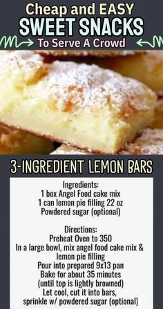 the ingredients for lemon bars are shown in this advertisement with information about how to make them