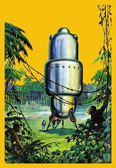 an illustration of a large metal object in the middle of a forest with people standing around it