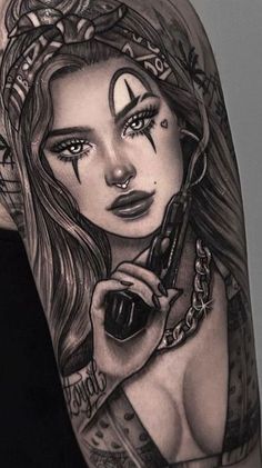 #girl Tattoes,#halloween Tattoes,#Tattoes ideas Chola Girl Tattoo, Payasa Tattoo Designs, Chola Tattoo Ideas, Chicano Clown Drawing, Aztec Tattoos Sleeve, Chicanas Tattoo, Skull Hand Tattoo, Mexican Art Tattoos, Girl Face Tattoo