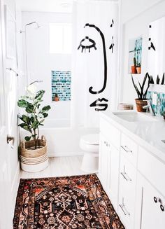 a bathroom with a rug, potted plant and sink in the shower stall area