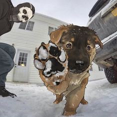 a man kneeling down next to a dog in the snow