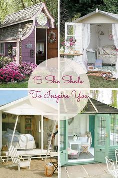 several pictures of small houses with flowers in the front and back yard, including a shed