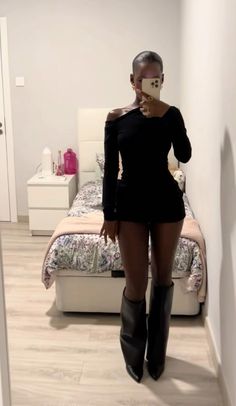 Black Outfit With Boots, Winter Club Outfit Clubwear Night, Stockholm Style Black Women, Black Long Sleeve Mini Dress Y2k Style, Trendy Black Mini Sweater Dress, Jaded London Black Dress, Fur Coat Black Woman, Fur Coat Aesthetic Black Woman, Monochromatic Fashion