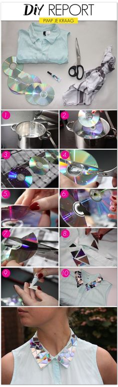 a collage of photos showing how to make a diy necklace with cd's