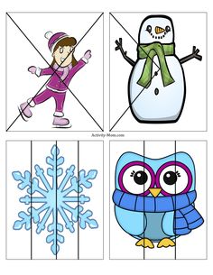 four different pictures with an owl, snowman and penguin