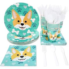 a set of paper plates, cups and utensils with dog images on them