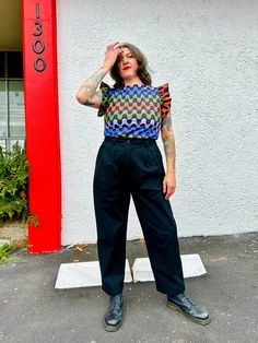 We're clearly all about the business over here! 🥸 This pant features a high rise waistline with pleated detailing in the front, belt loops, and a slightly tapered ankle length leg. Made in our stretch twill fabric so you can wear them comfortably all day long. Colorful Work Outfits Plus Size, Boho Business Casual Work Outfits Plus Size, Unique Business Outfits, Mid Size Eclectic Fashion, Funky Casual Outfits, Maximalist Corporate Outfits, Maximalist Business Casual, Urban Style High-waisted Workwear Pants, High-waist Cotton Pants For Alternative Fashion