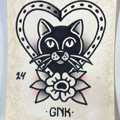 a black and white drawing of a cat in a heart with the word gnk on it