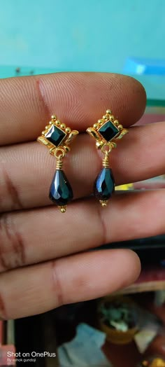 Black Stone Earrings Gold Daily Wear, Black Beads Ear Rings Gold, Black Stone Earrings Gold