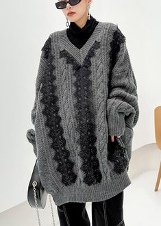 Chunky Gray Knitted Pullover V Neck Lace Casual Knitted Blouse Materials used:knit fabricMeasurement:One size fits all for this item. Please make sure your size doesn't exceed this size: BUST-140cm length 83cm / 32.37"Sleeve length 80cm / 31.2"Cuff 18cm / 7.02"bust 140cm / 54.6"Waist 134cm / 52.26"hem 100cm / 39" Knitted Acrylic V-neck Sweater For Winter, Oversized Textured Knit V-neck Sweater For Winter, Winter Knit V-neck Sweater, Oversized Knitted V-neck Sweater For Winter, Knitted Gray V-neck Sweater For Winter, Knitted V-neck Acrylic Sweater, V-neck Knitted Acrylic Sweater, Knitted Acrylic V-neck Sweater, Oversized Gray Acrylic Sweater