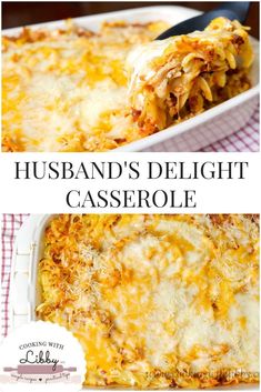 a casserole dish with cheese on top and the words husband's delight casserole above it