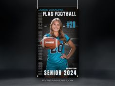 a woman holding a football in front of a black background with the name of her team