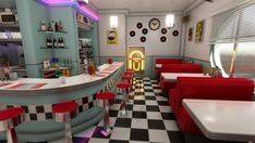 the interior of a diner with checkered flooring and neon lights on the ceiling