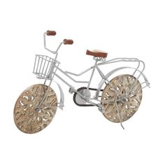 a white bicycle with wooden seat and basket