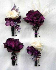 three purple and white flowers on top of each other with text that reads, 35 dark purple wedding color ideas for fall / winter weddings