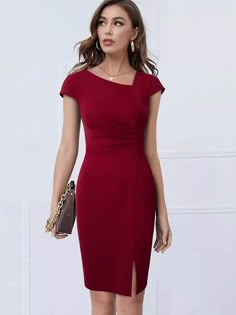 Elegant Front Split Office Plain Vintage Bodycon Dress | Best price | Free shipping! | Check it now! | Dresses Business, Elegant Bodycon Dress, Office Dresses For Women, Plain Dress, Body Con Dress, Office Dresses, Slim Dresses, Business Dresses, Crop Top Blouse