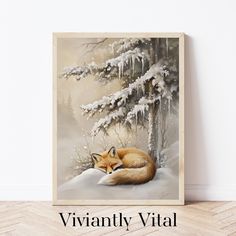 a painting of a fox laying on top of snow covered ground with trees in the background